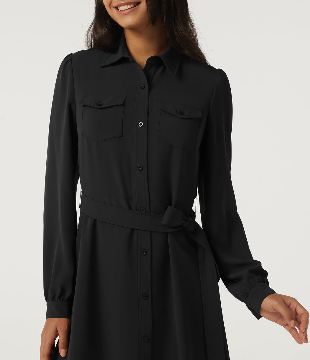 Long Sleeve Belted Pleated Midi Work Shirt Dress — Black — view 4