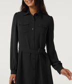Long Sleeve Belted Pleated Midi Work Shirt Dress — Black — view 4