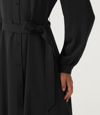 Long Sleeve Belted Pleated Midi Work Shirt Dress — Black — view 6
