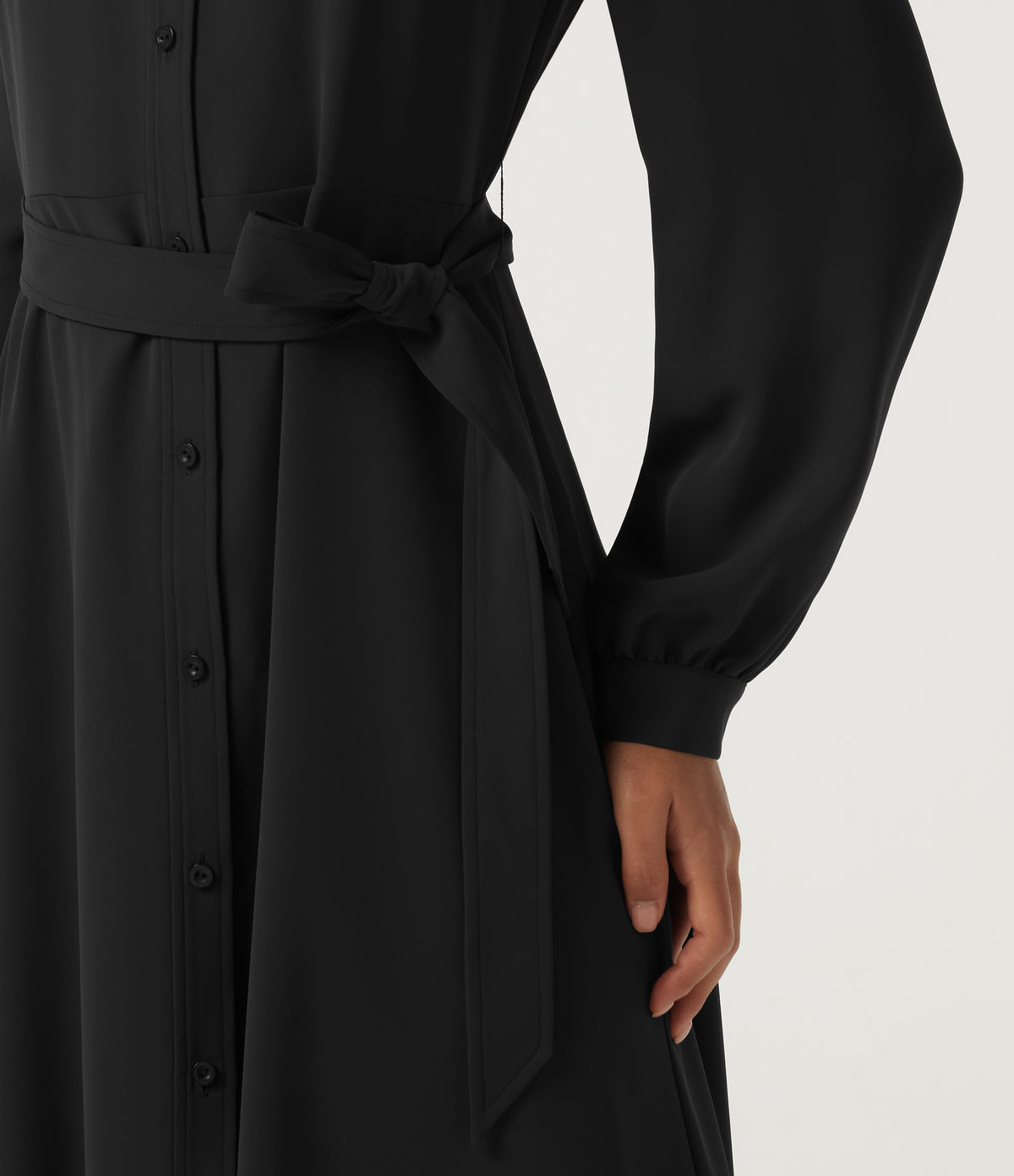 Long Sleeve Belted Pleated Midi Work Shirt Dress — Black — view 6