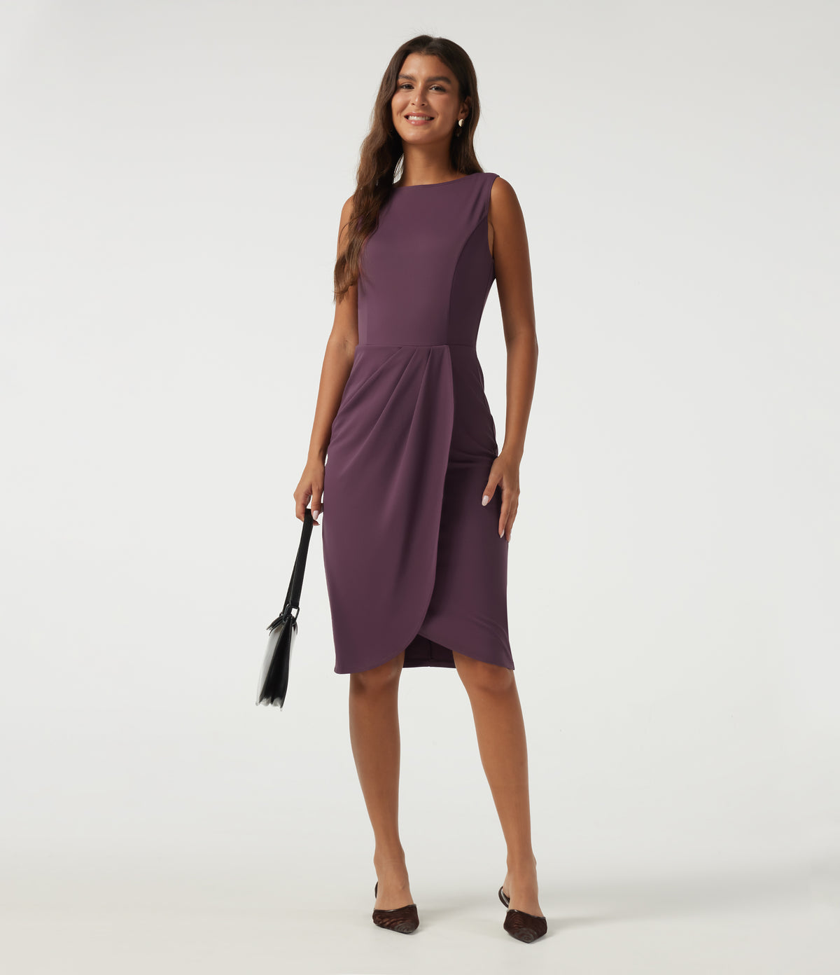 Boat Neck Sleeveless Work Midi Dress with Pockets — Plum Wine — view 7