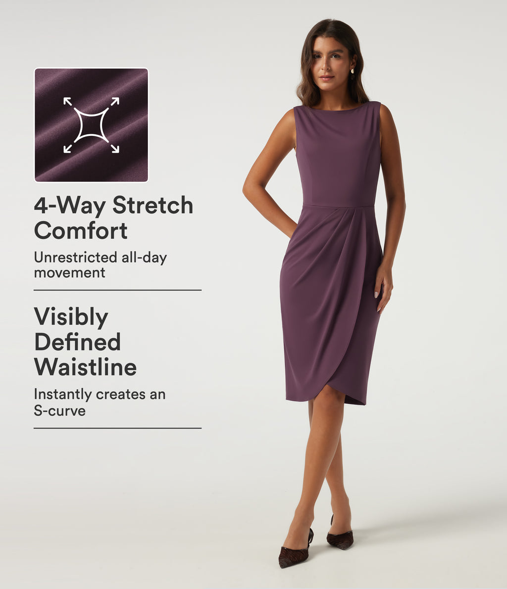 Boat Neck Sleeveless Work Midi Dress with Pockets — Plum Wine — view 1