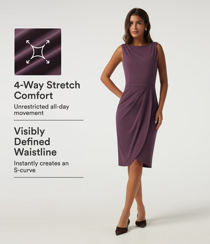 Boat Neck Sleeveless Work Midi Dress with Pockets — Plum Wine — view 1