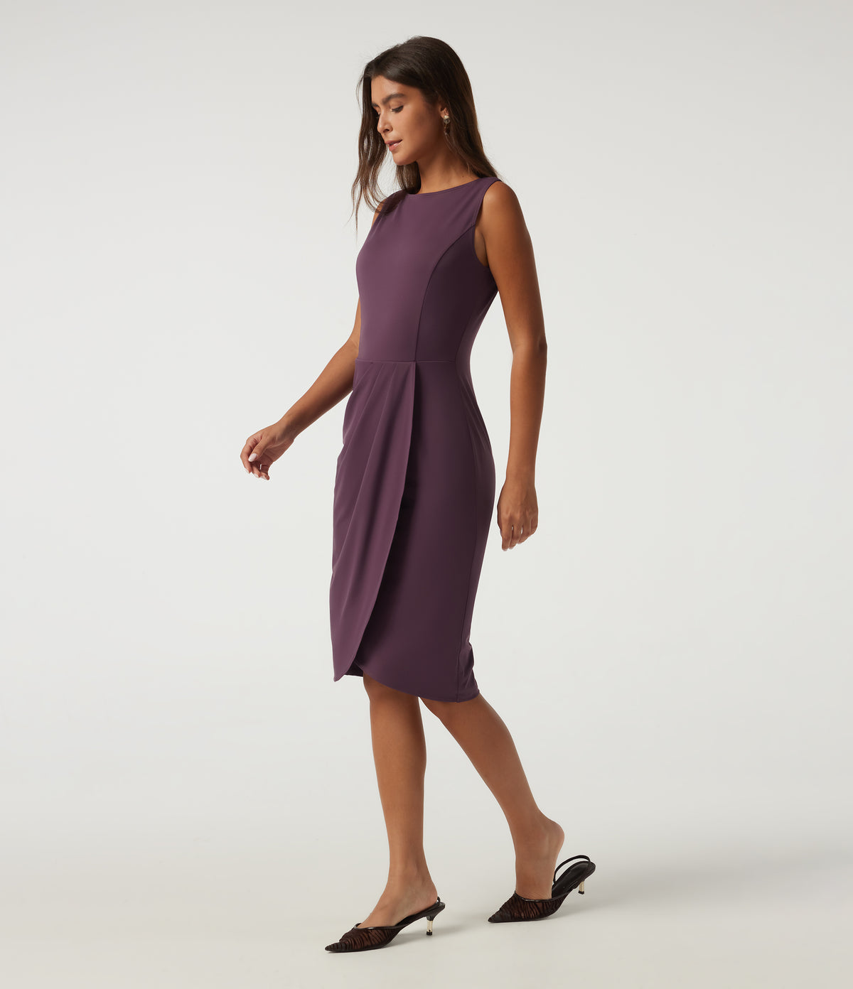 Boat Neck Sleeveless Work Midi Dress with Pockets — Plum Wine — view 3