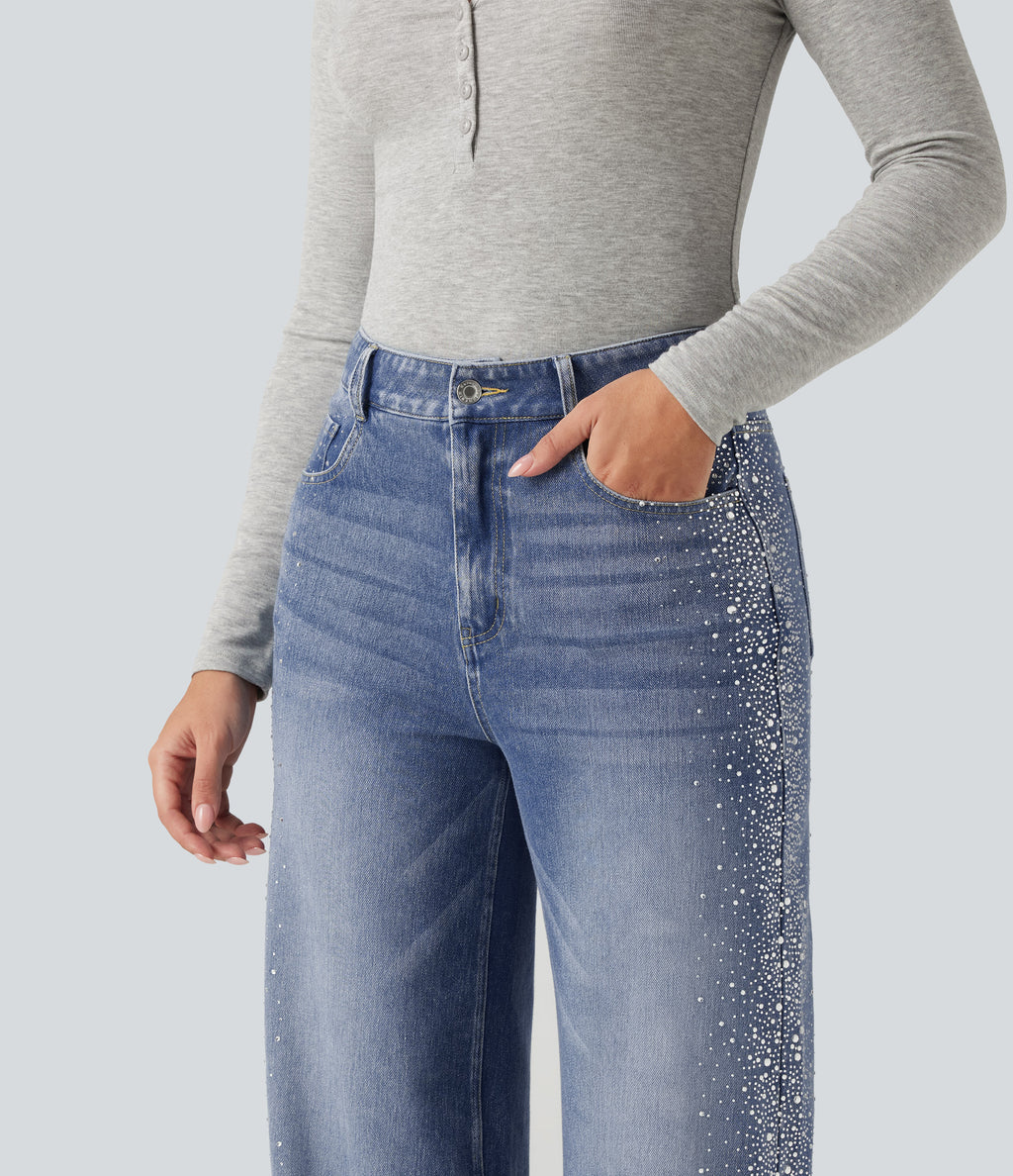 High Waisted Wide Leg Casual Jeans with Pockets — Blue Jasper Denim — view 4
