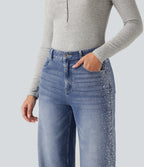 High Waisted Wide Leg Casual Jeans with Pockets — Blue Jasper Denim — view 4