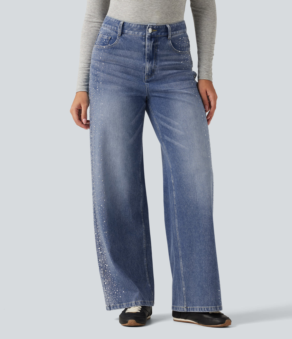 High Waisted Wide Leg Casual Jeans with Pockets — Blue Jasper Denim — view 3