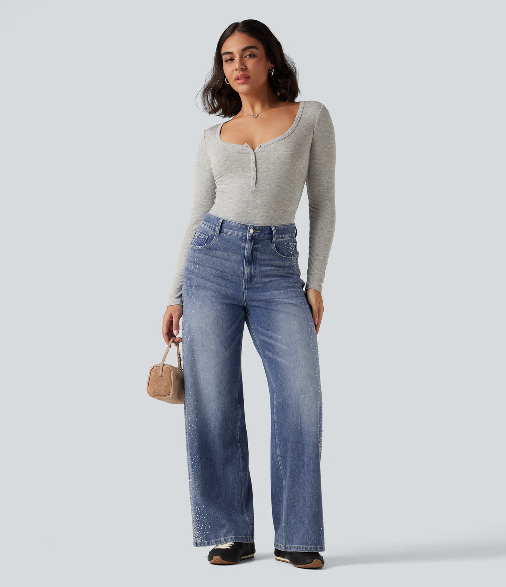 High Waisted Wide Leg Casual Jeans with Pockets — Blue Jasper Denim — view 8
