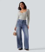 High Waisted Wide Leg Casual Jeans with Pockets — Blue Jasper Denim — view 8