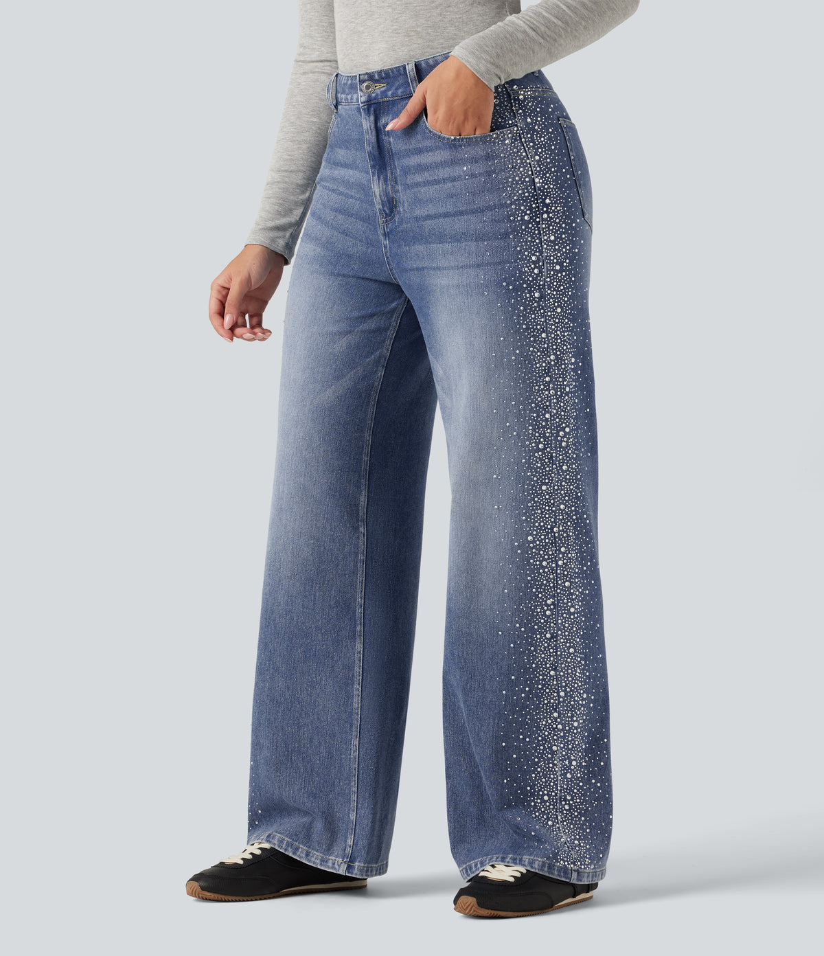 High Waisted Wide Leg Casual Jeans with Pockets — Blue Jasper Denim — view 1