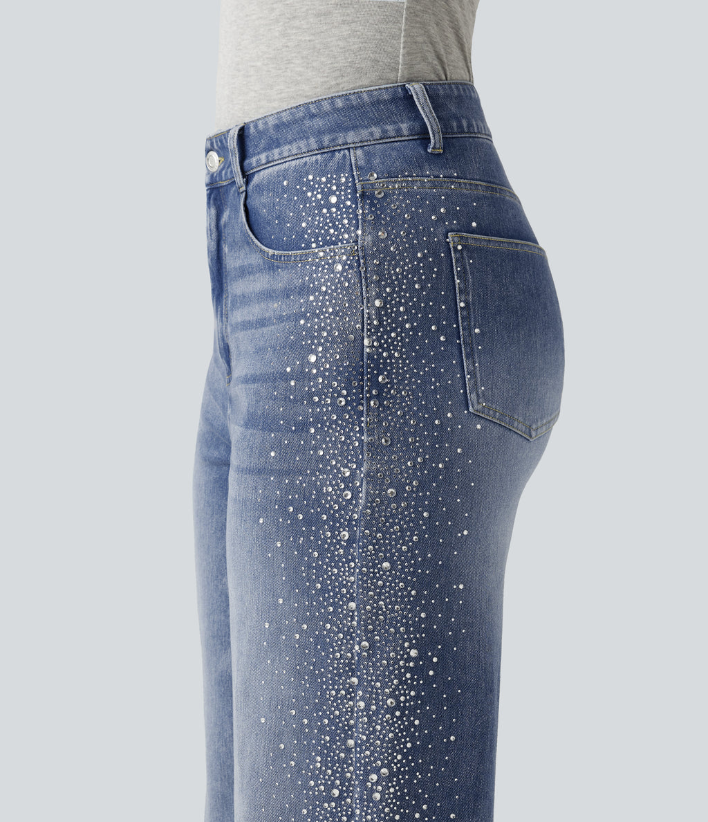 High Waisted Wide Leg Casual Jeans with Pockets — Blue Jasper Denim — view 6