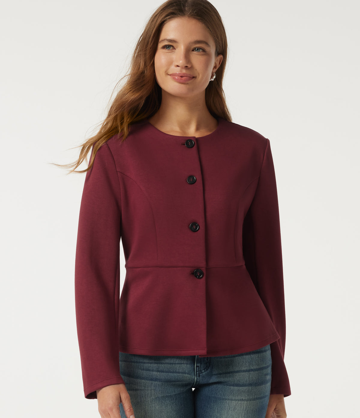 Round Neck Long Sleeve Work Blazer — Tibetan Red — view 4