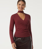 V Neck Long Sleeve Ruched Work Top — Rhubarb — view 1