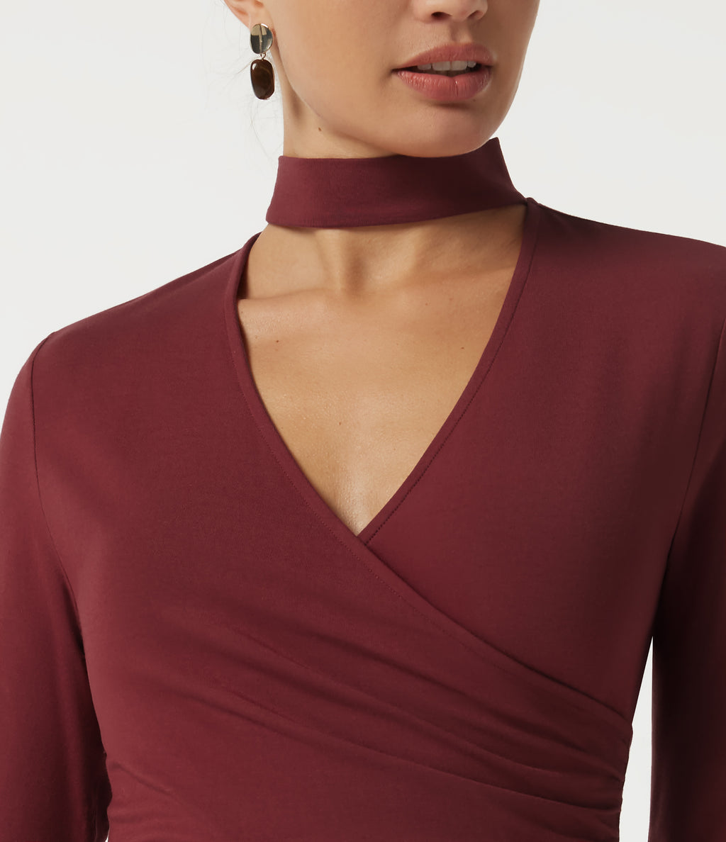 V Neck Long Sleeve Ruched Work Top — Rhubarb — view 5