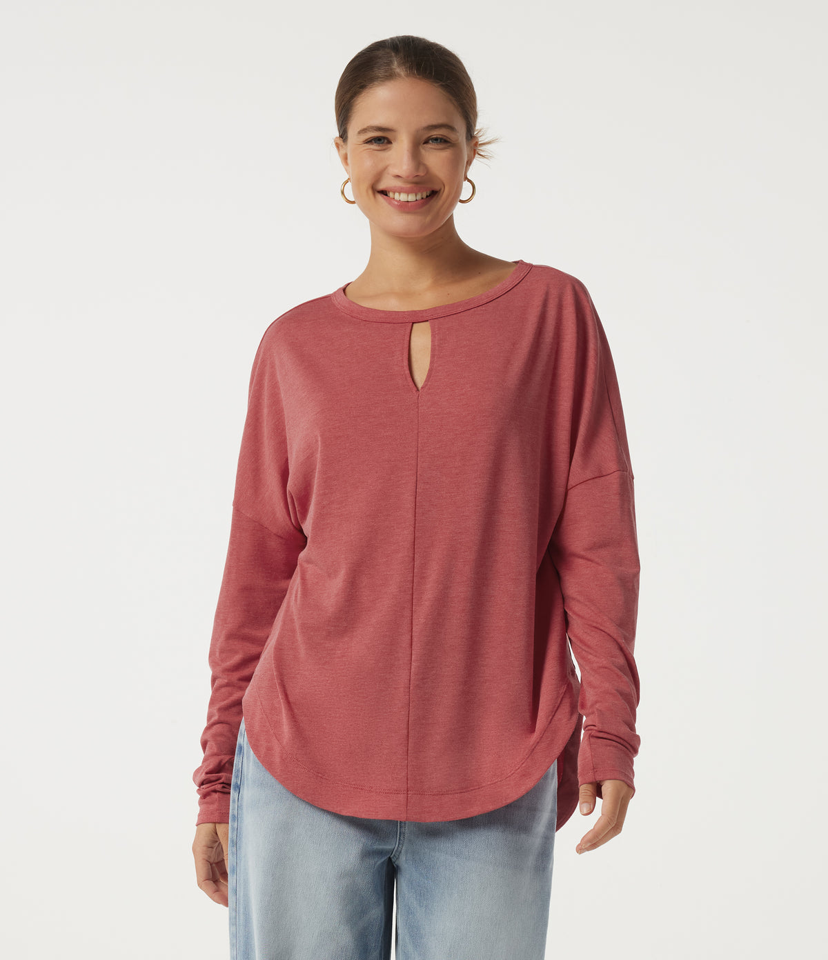 Round Neck Long Sleeve Cut Out Curved Hem Casual Top — Poinsettia Floral Yarn — view 4