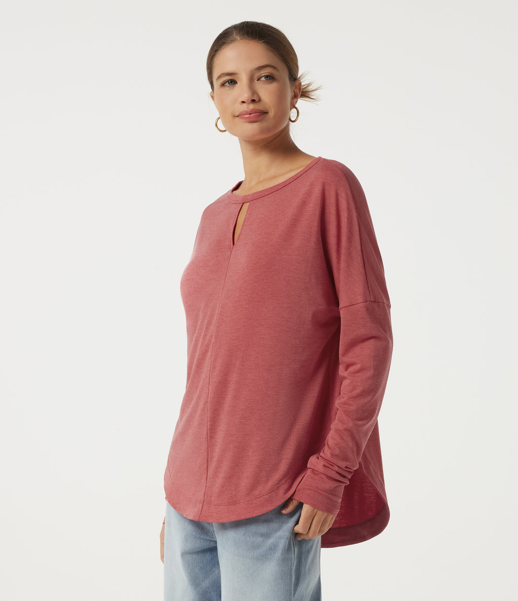 Round Neck Long Sleeve Cut Out Curved Hem Casual Top — Poinsettia Floral Yarn — view 3