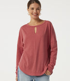 Round Neck Long Sleeve Cut Out Curved Hem Casual Top — Poinsettia Floral Yarn — view 1