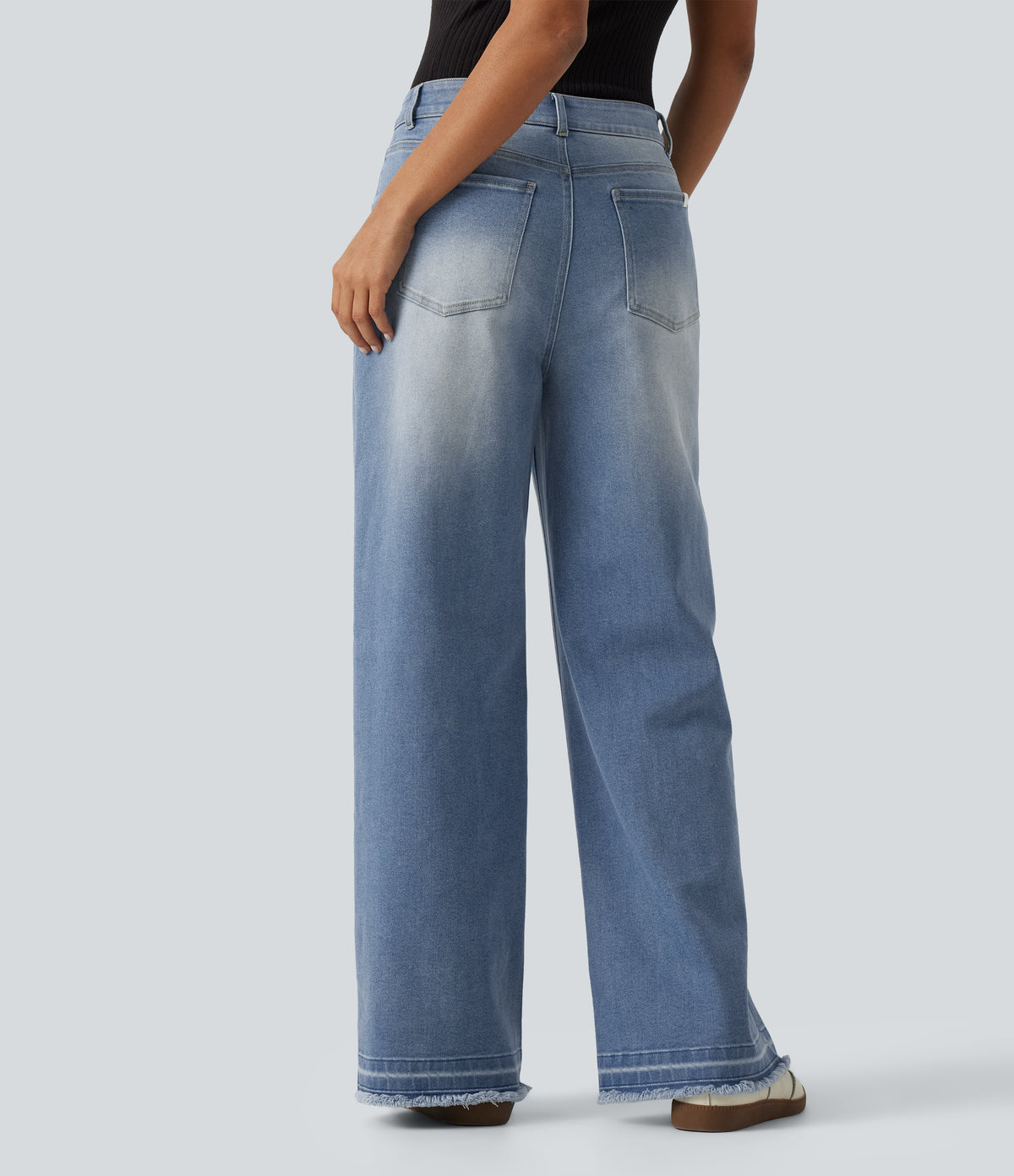Mid Rise Washed Wide Leg Casual Jeans with Pockets — Malibu Blue Denim — view 2