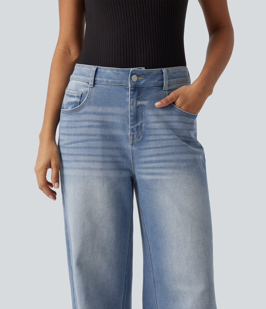 Mid Rise Washed Wide Leg Casual Jeans with Pockets — Malibu Blue Denim — view 5