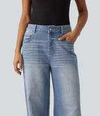 Mid Rise Washed Wide Leg Casual Jeans with Pockets — Malibu Blue Denim — view 5