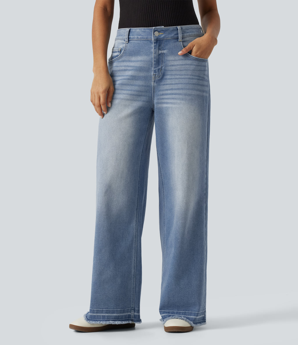 Mid Rise Washed Wide Leg Casual Jeans with Pockets — Malibu Blue Denim — view 1