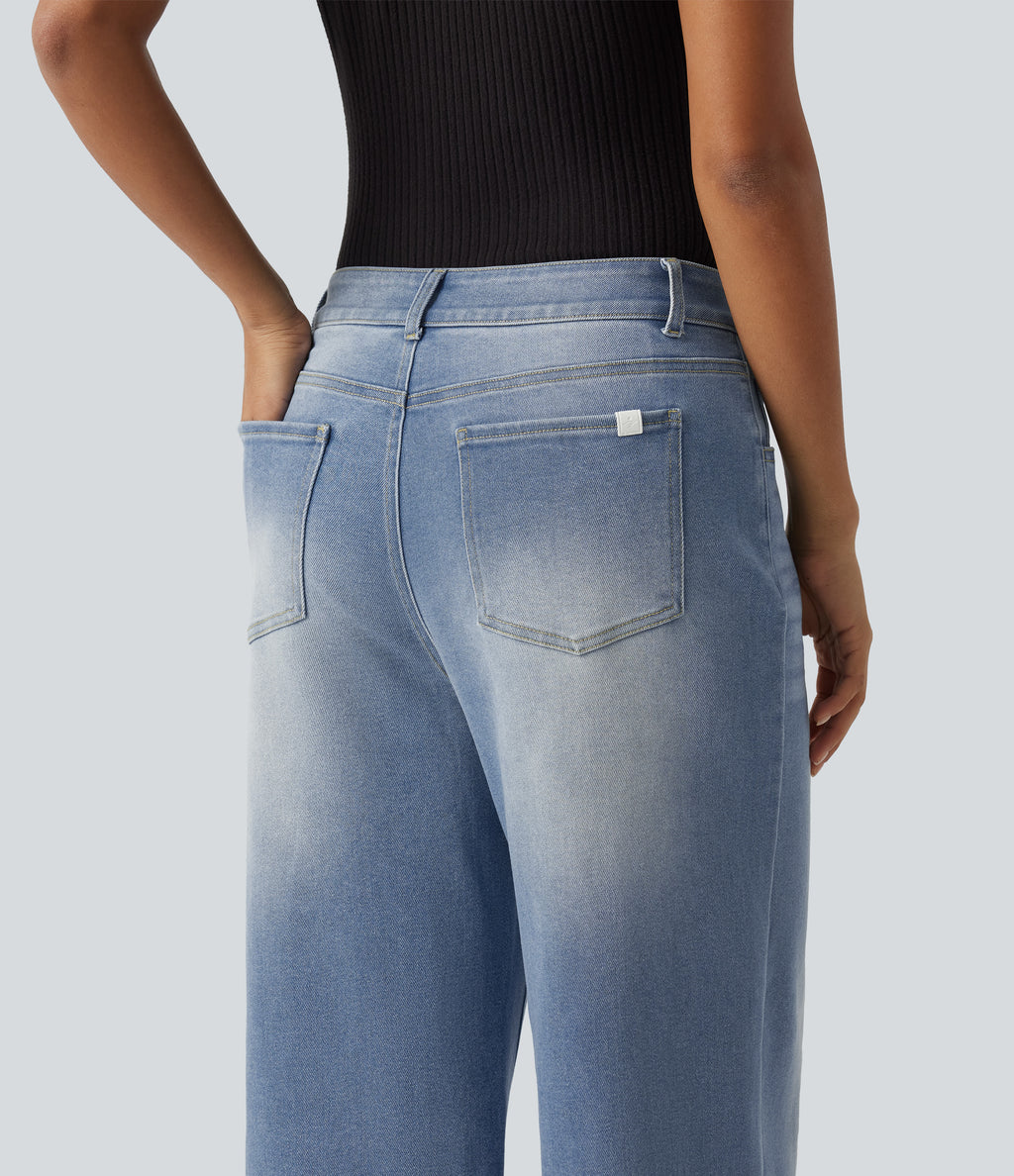Mid Rise Washed Wide Leg Casual Jeans with Pockets — Malibu Blue Denim — view 6