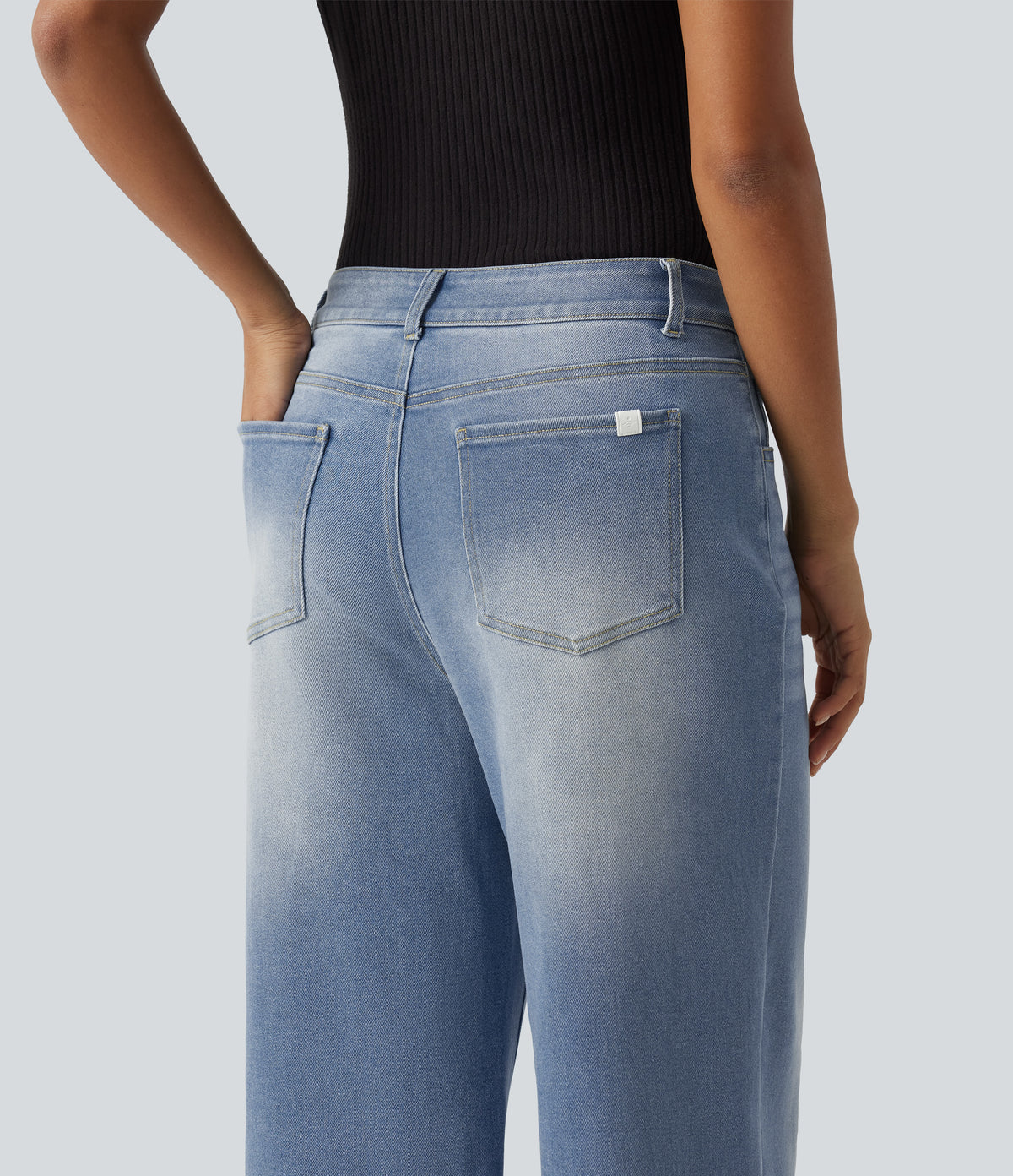 Mid Rise Washed Wide Leg Casual Jeans with Pockets — Malibu Blue Denim — view 6