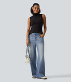 Mid Rise Washed Wide Leg Casual Jeans with Pockets — Malibu Blue Denim — view 7