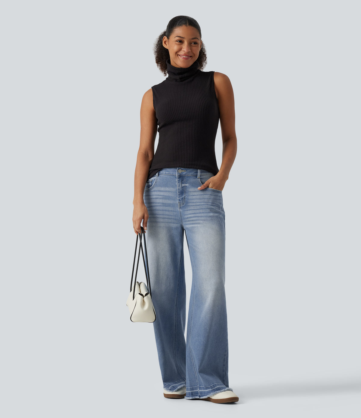 Mid Rise Washed Wide Leg Casual Jeans with Pockets — Malibu Blue Denim — view 7