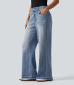 Mid Rise Washed Wide Leg Casual Jeans with Pockets — Malibu Blue Denim — view 3