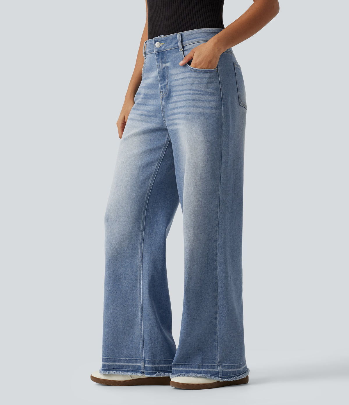 Mid Rise Washed Wide Leg Casual Jeans with Pockets — Malibu Blue Denim — view 3