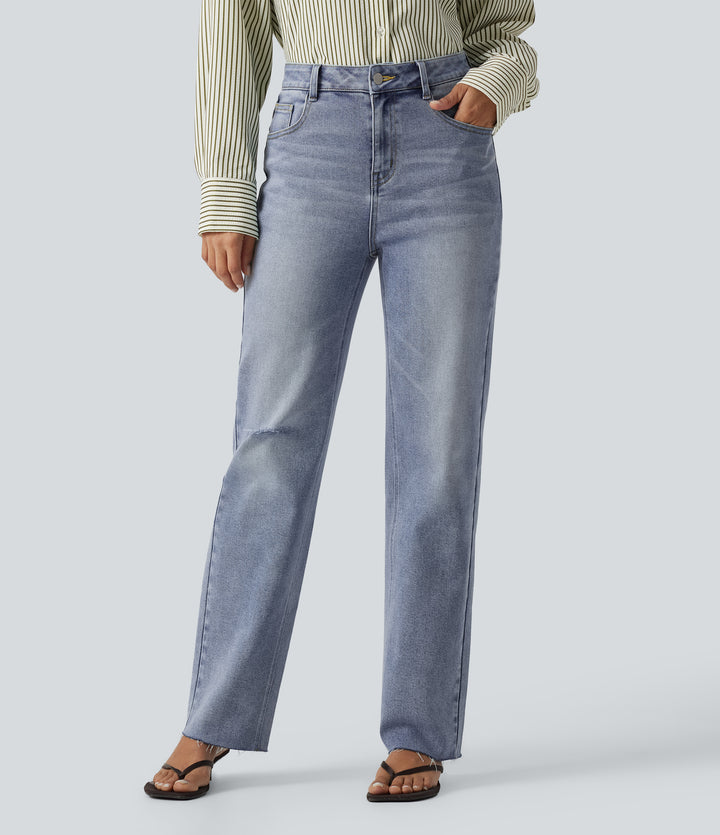 High Waisted Straight Leg Ripped Casual Jeans with Pockets — Malibu Blue Denim — view 1