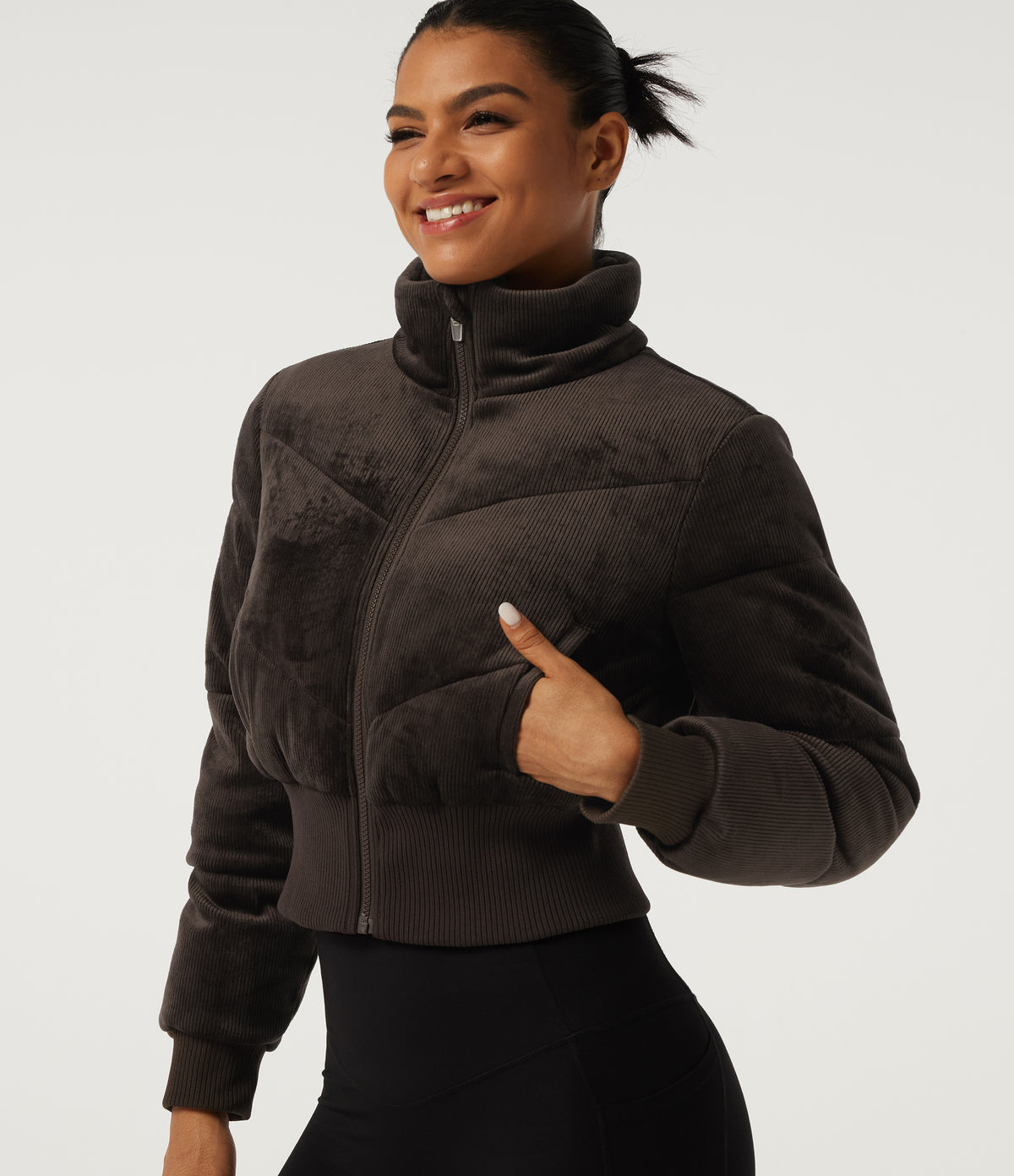 Ribbed Knit Stand Collar Long Sleeve Corduroy Casual Padded Jacket with Pockets — Seal Brown — view 5