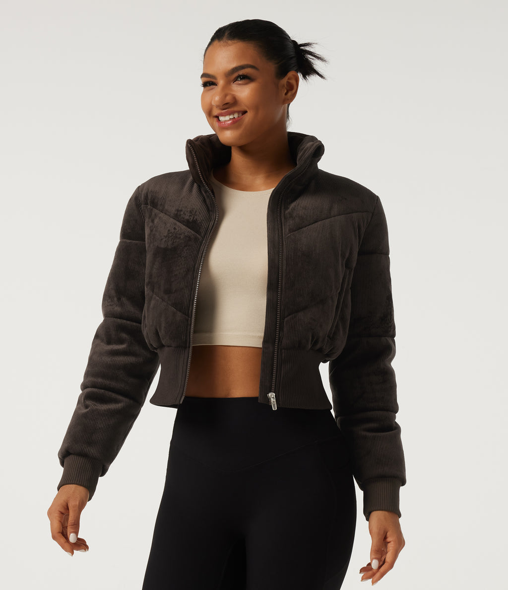 Ribbed Knit Stand Collar Long Sleeve Corduroy Casual Padded Jacket with Pockets — Seal Brown — view 3