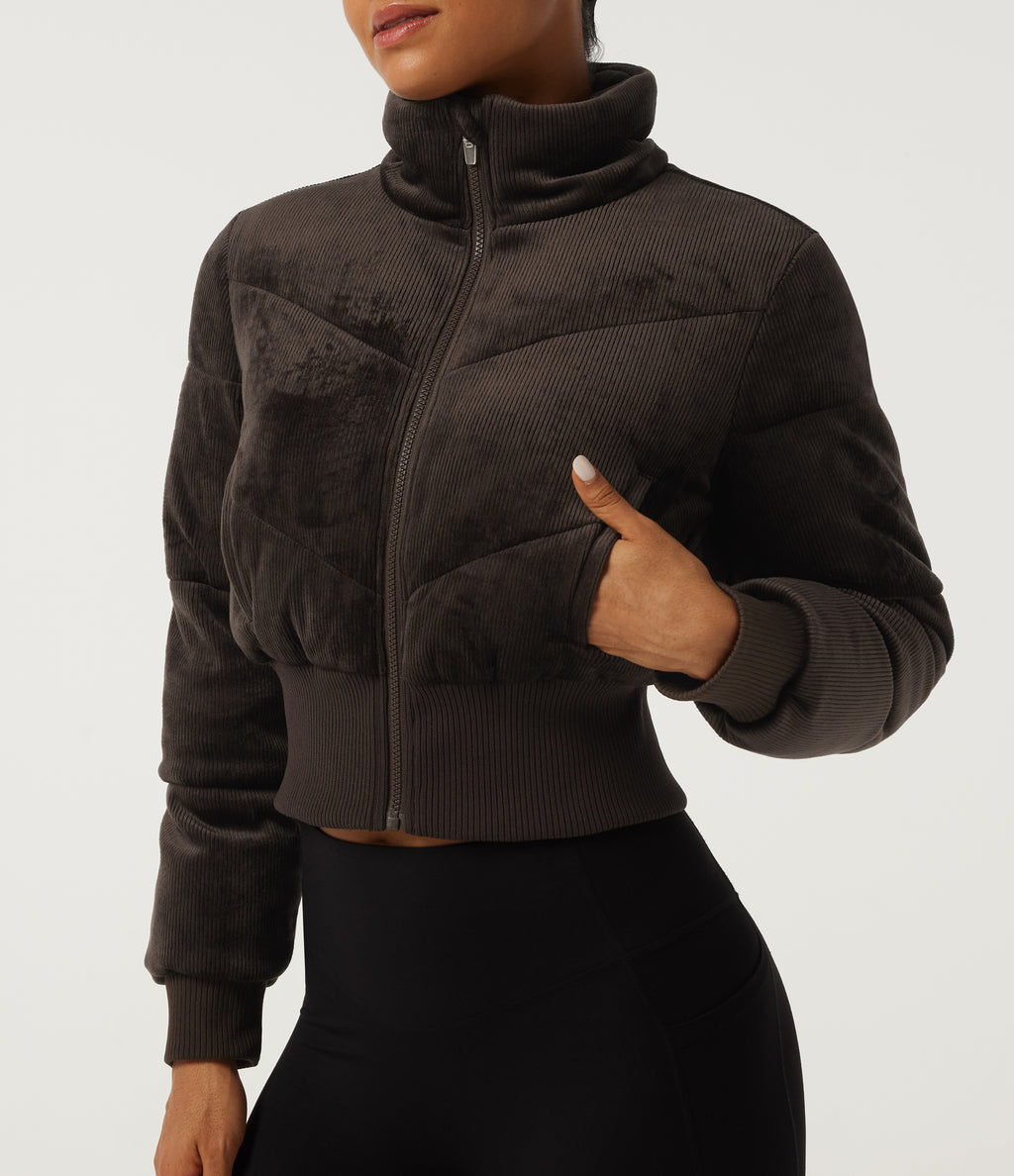 Ribbed Knit Stand Collar Long Sleeve Corduroy Casual Padded Jacket with Pockets — Seal Brown — view 6