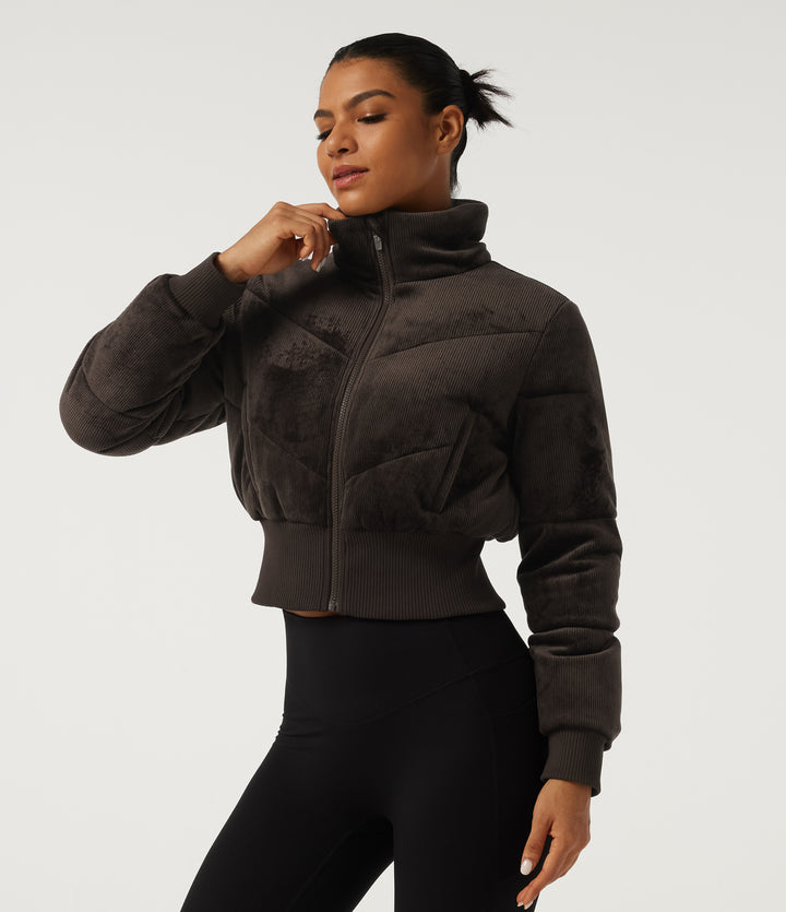 Ribbed Knit Stand Collar Long Sleeve Corduroy Casual Padded Jacket with Pockets — Seal Brown — view 1