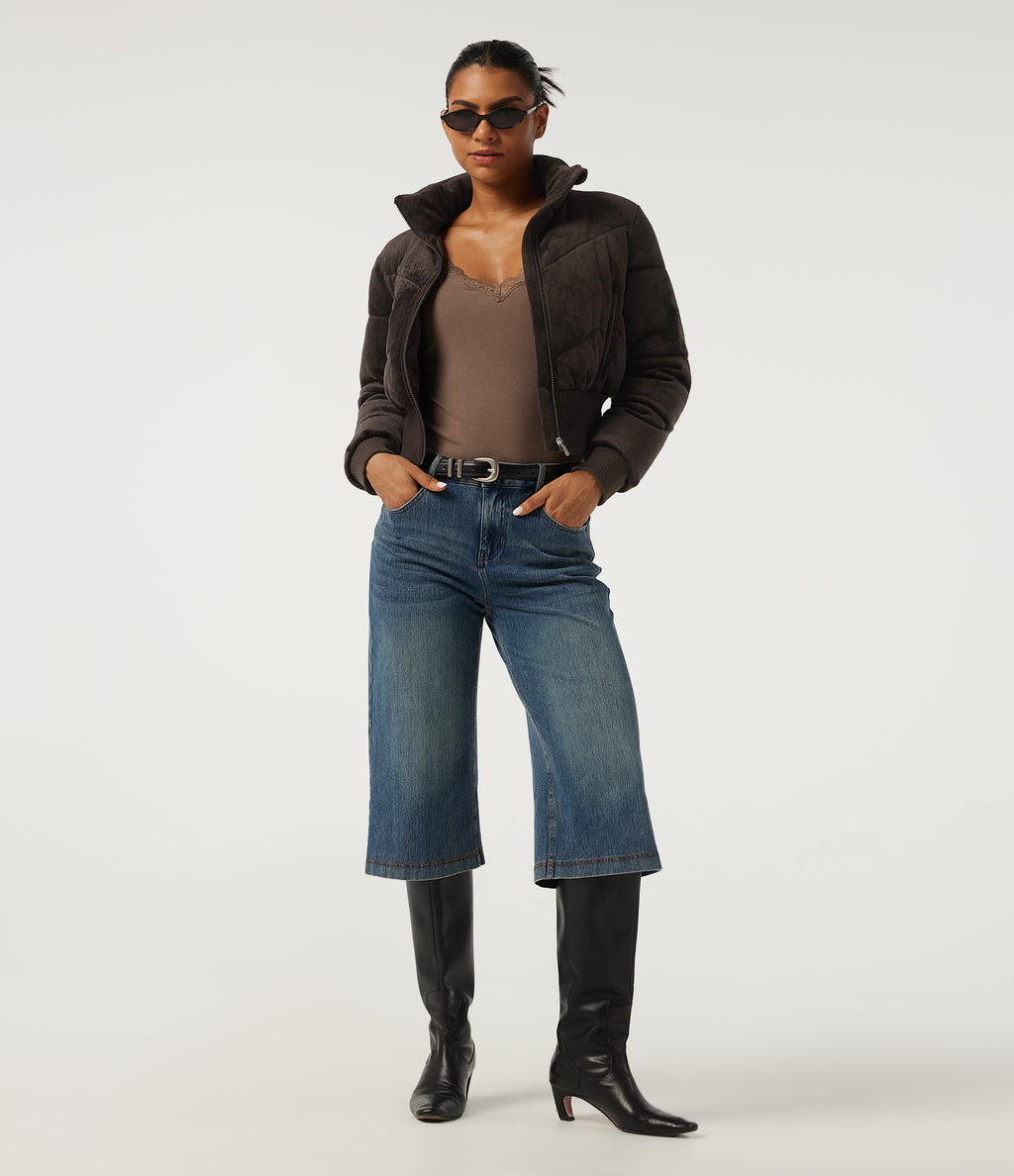Ribbed Knit Stand Collar Long Sleeve Corduroy Casual Padded Jacket with Pockets — Seal Brown — view 4