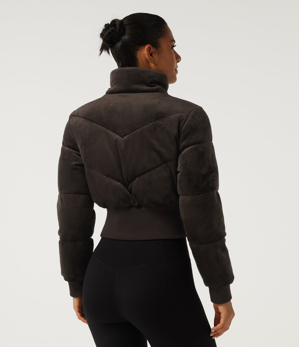 Ribbed Knit Stand Collar Long Sleeve Corduroy Casual Padded Jacket with Pockets — Seal Brown — view 2