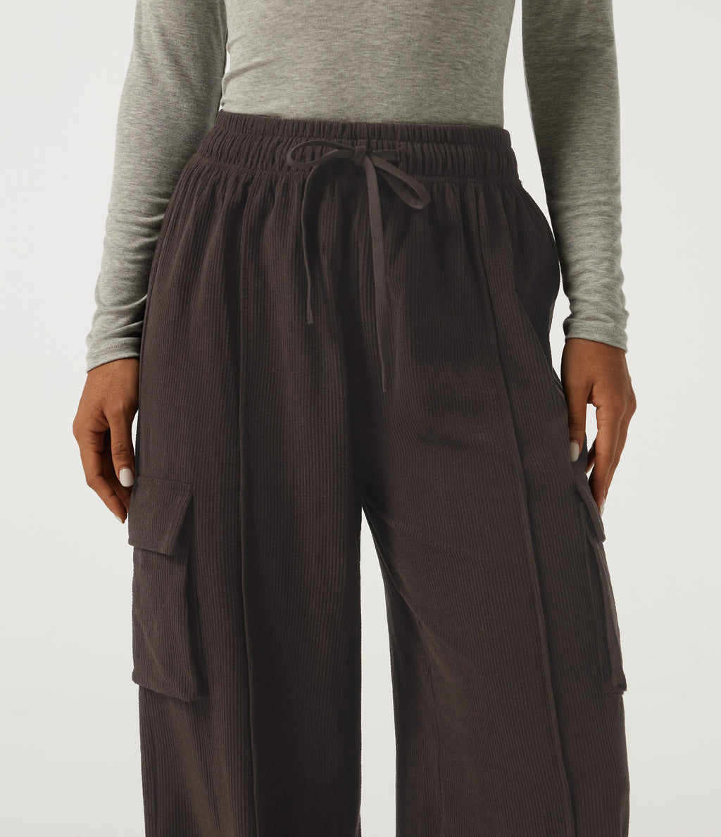 High Waisted Drawstring Baggy Corduroy Cargo Workout Trousers with Pockets — After Dark — view 4