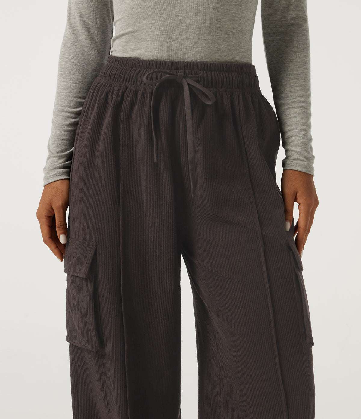 High Waisted Drawstring Baggy Corduroy Cargo Workout Trousers with Pockets — After Dark — view 4