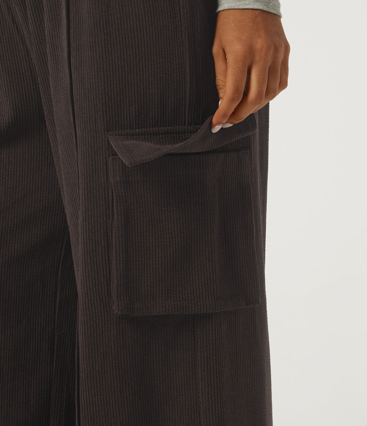 High Waisted Drawstring Baggy Corduroy Cargo Workout Trousers with Pockets — After Dark — view 5