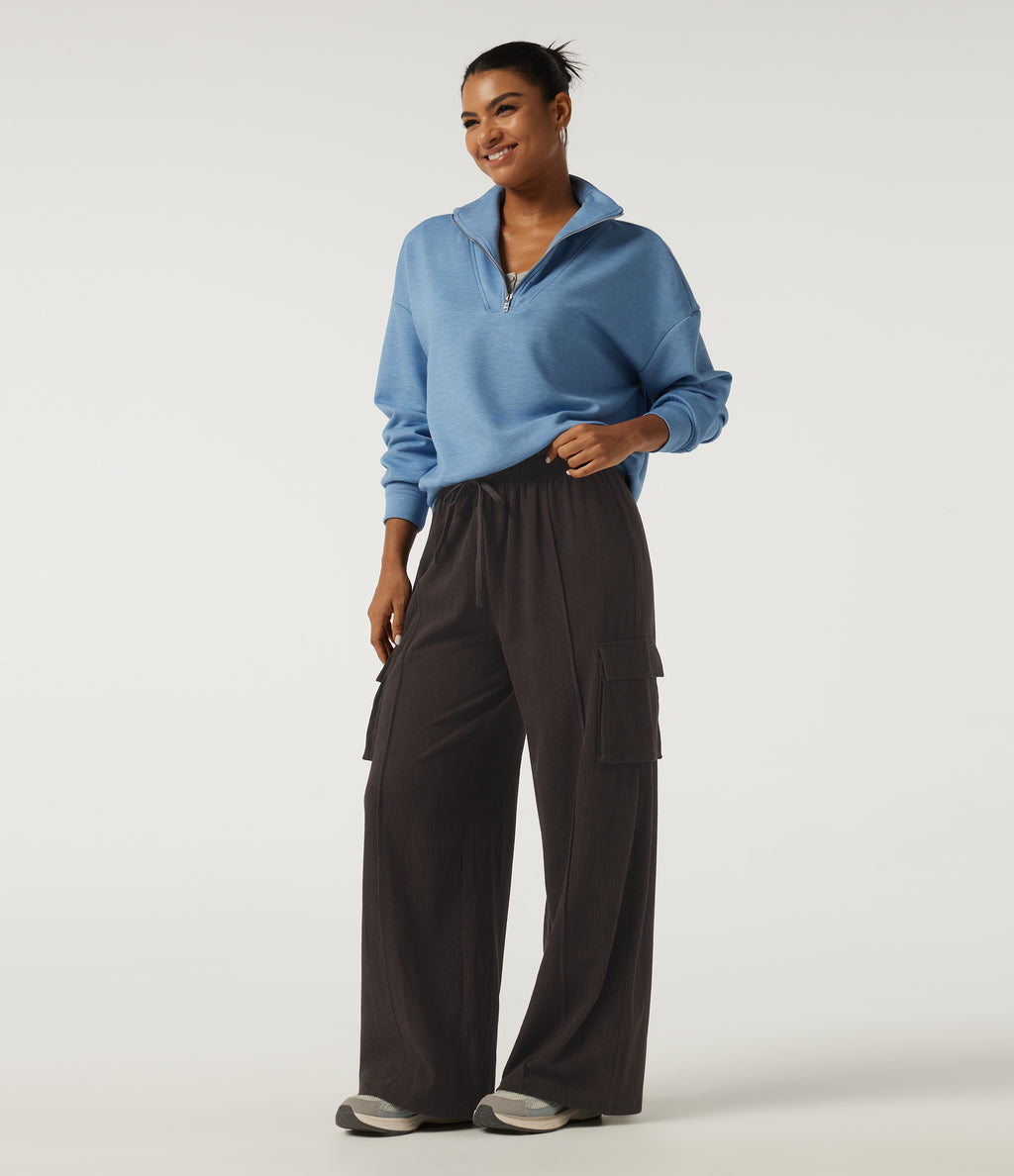 High Waisted Drawstring Baggy Corduroy Cargo Workout Trousers with Pockets — After Dark — view 6
