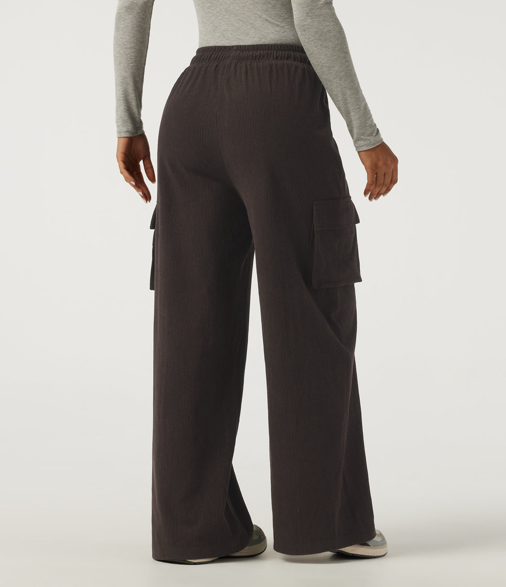 High Waisted Drawstring Baggy Corduroy Cargo Workout Trousers with Pockets — After Dark — view 2