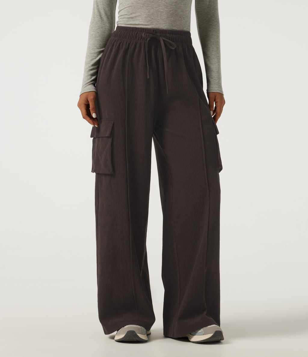 High Waisted Drawstring Baggy Corduroy Cargo Workout Trousers with Pockets — After Dark — view 3