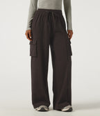 High Waisted Drawstring Baggy Corduroy Cargo Workout Trousers with Pockets — After Dark — view 3