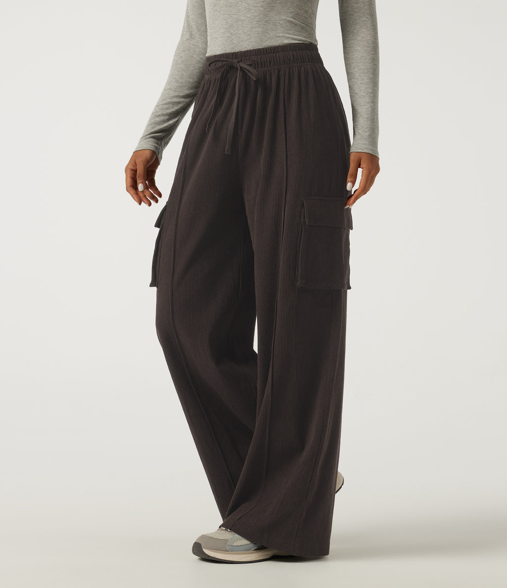 High Waisted Drawstring Baggy Corduroy Cargo Workout Trousers with Pockets — After Dark — view 1