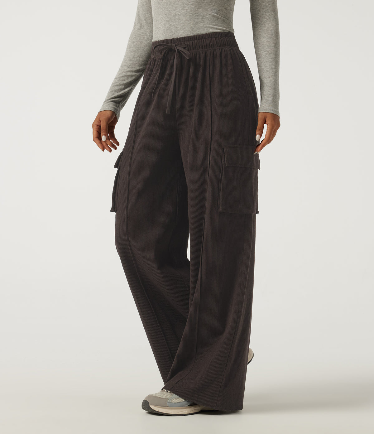 High Waisted Drawstring Baggy Corduroy Cargo Workout Trousers with Pockets — After Dark — view 1