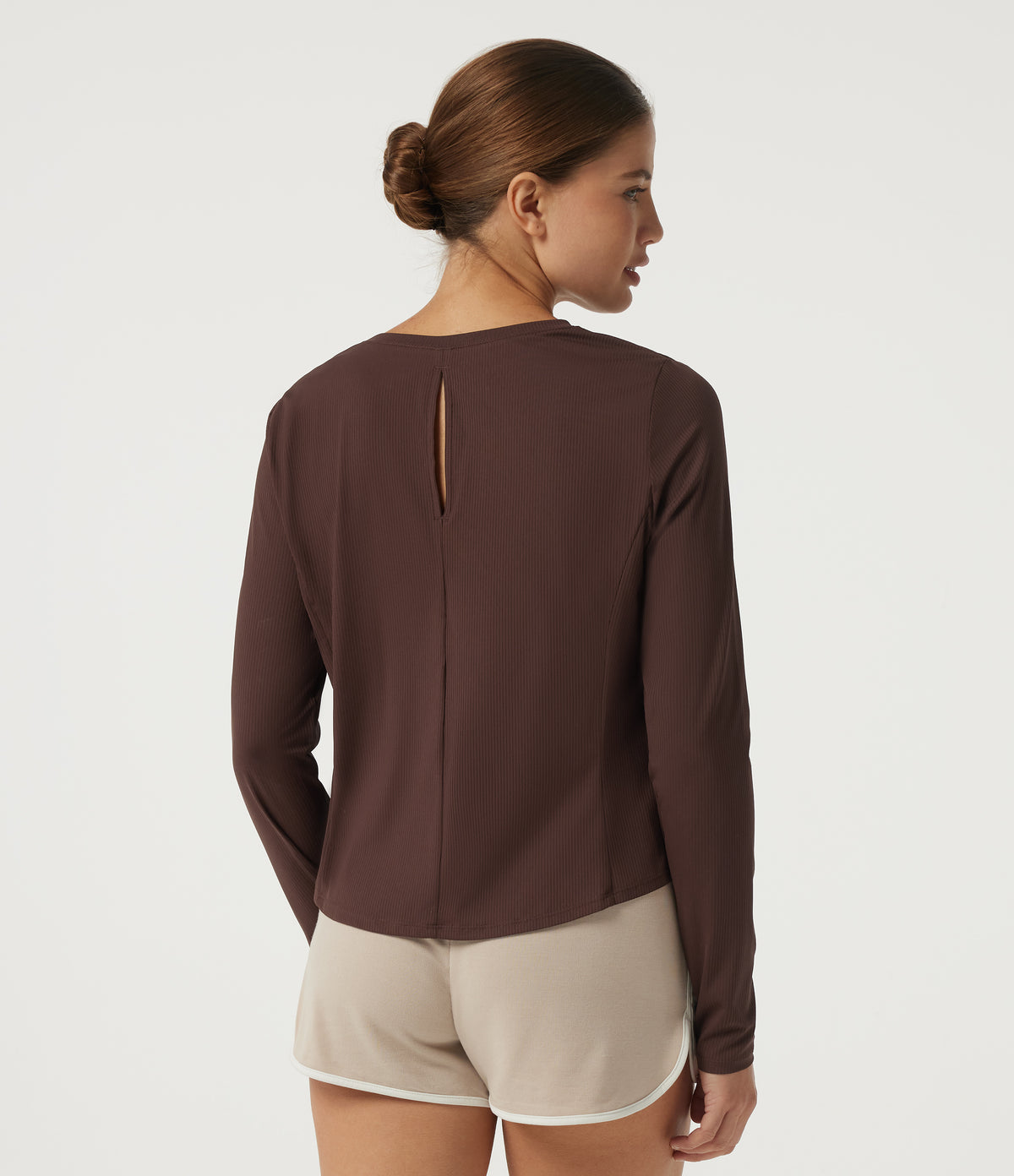 Round Neck Long Sleeve Cut Out Curved Hem InstantCool Running Sports Top — Bitter Chocolate — view 2
