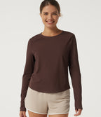 Round Neck Long Sleeve Cut Out Curved Hem InstantCool Running Sports Top — Bitter Chocolate — view 1
