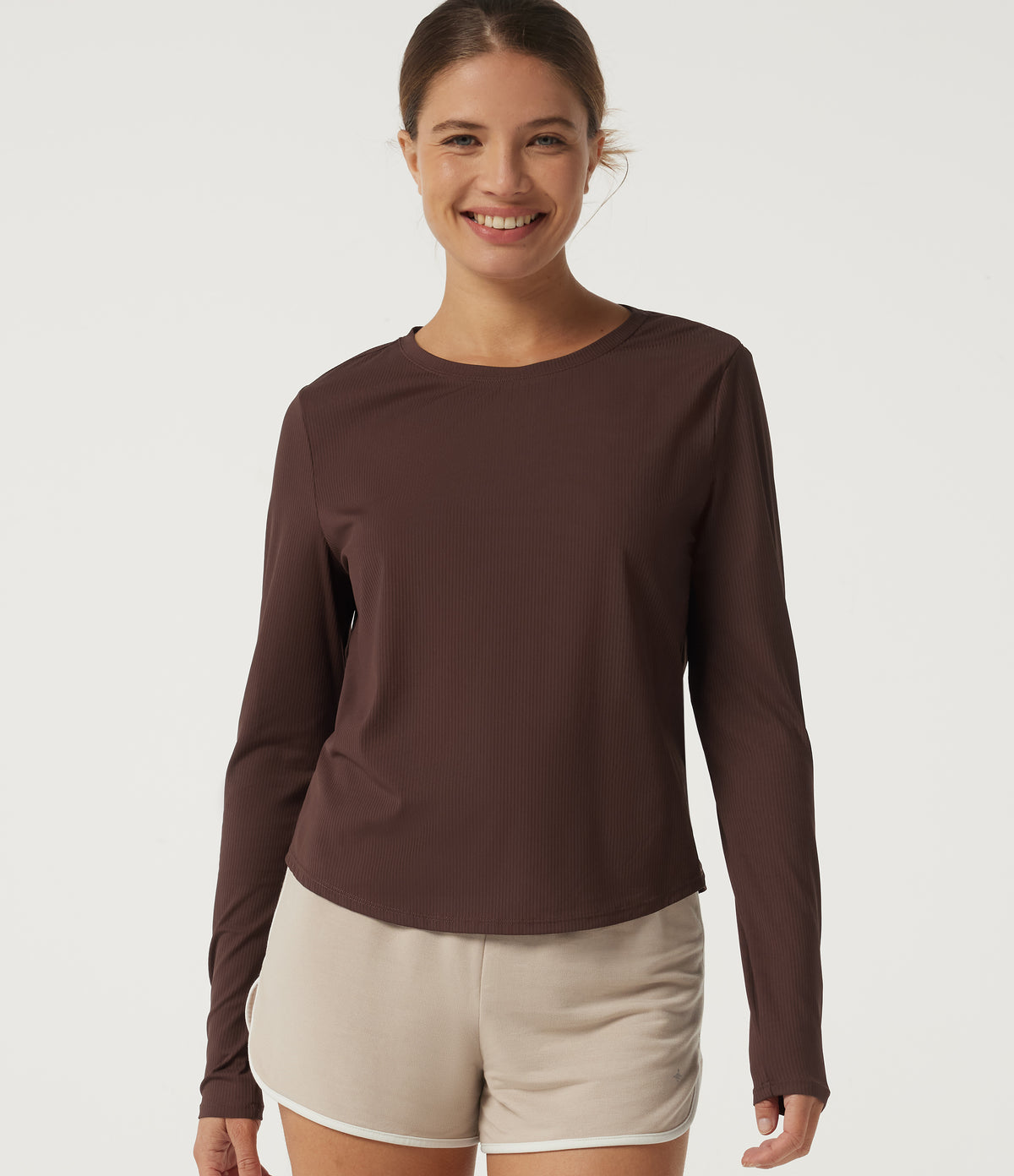 Round Neck Long Sleeve Cut Out Curved Hem InstantCool Running Sports Top — Bitter Chocolate — view 1